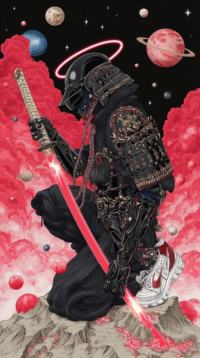 Space Samurai in Chrome Armor Anime Illustration