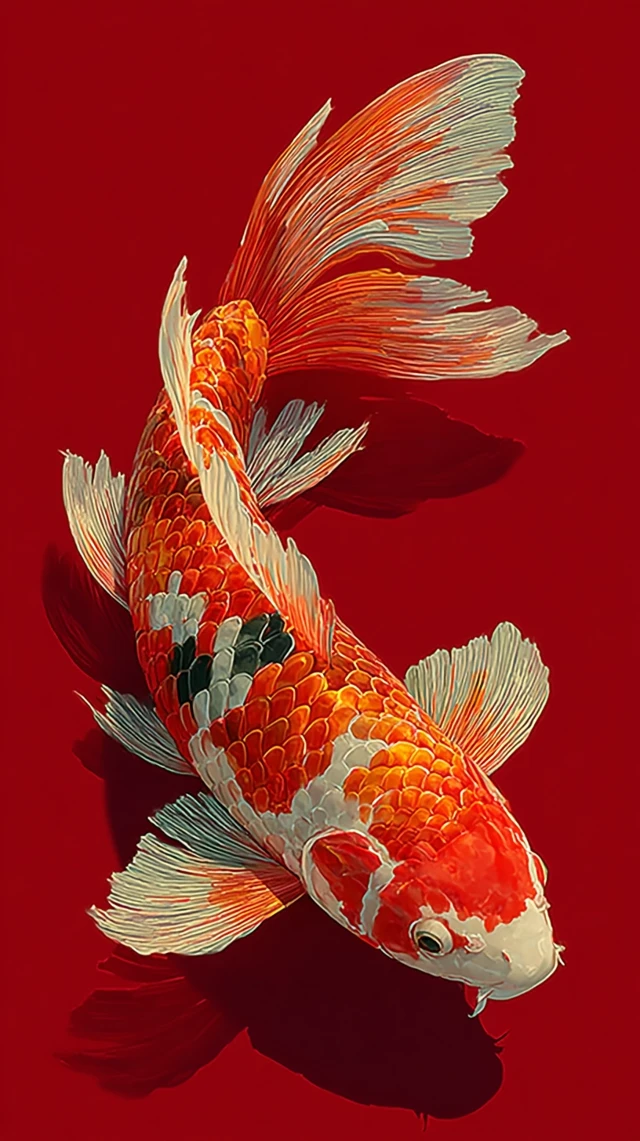 Colorful Koi Fish Swimming in Red Waters Art