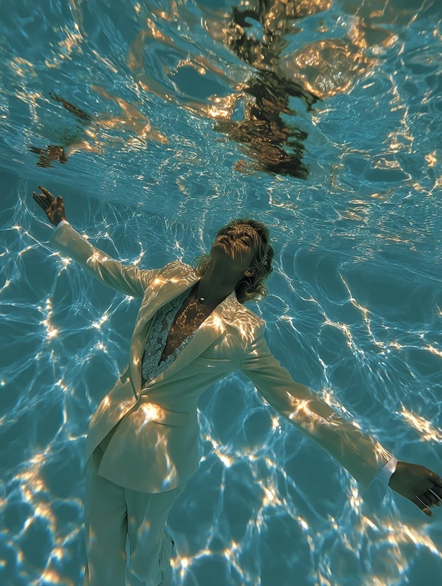Woman in Dinner Suit Floating in Pool Drone Shot