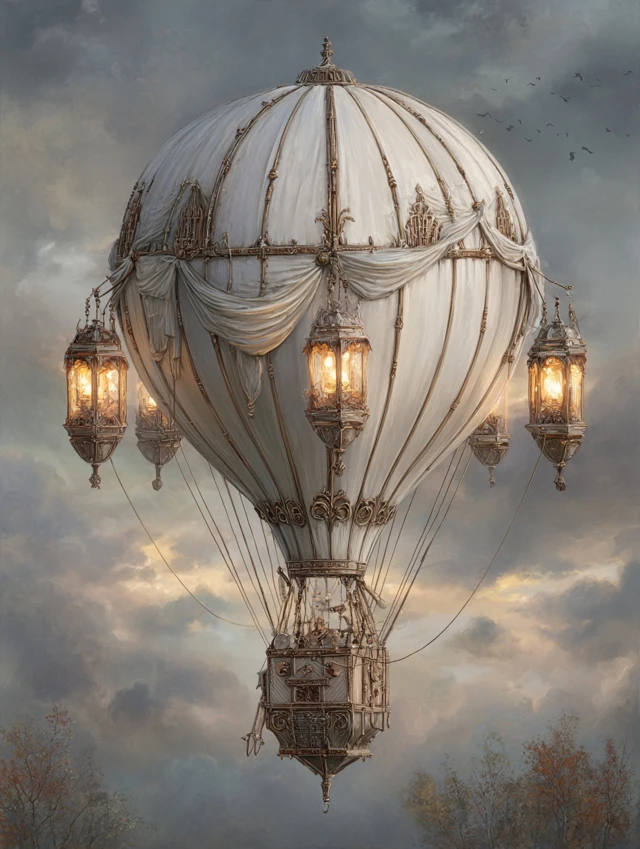 Steampunk Hot Air Balloon with Lanterns and Clouds