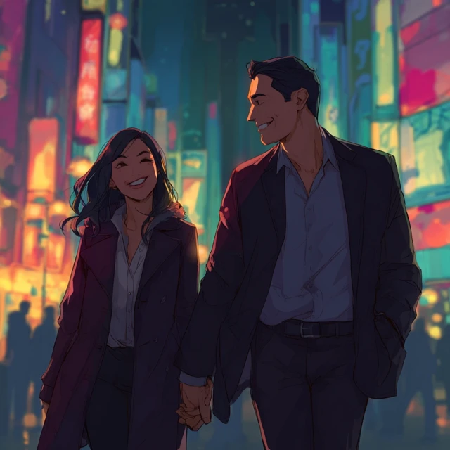 Japanese Couple Night City Romance
