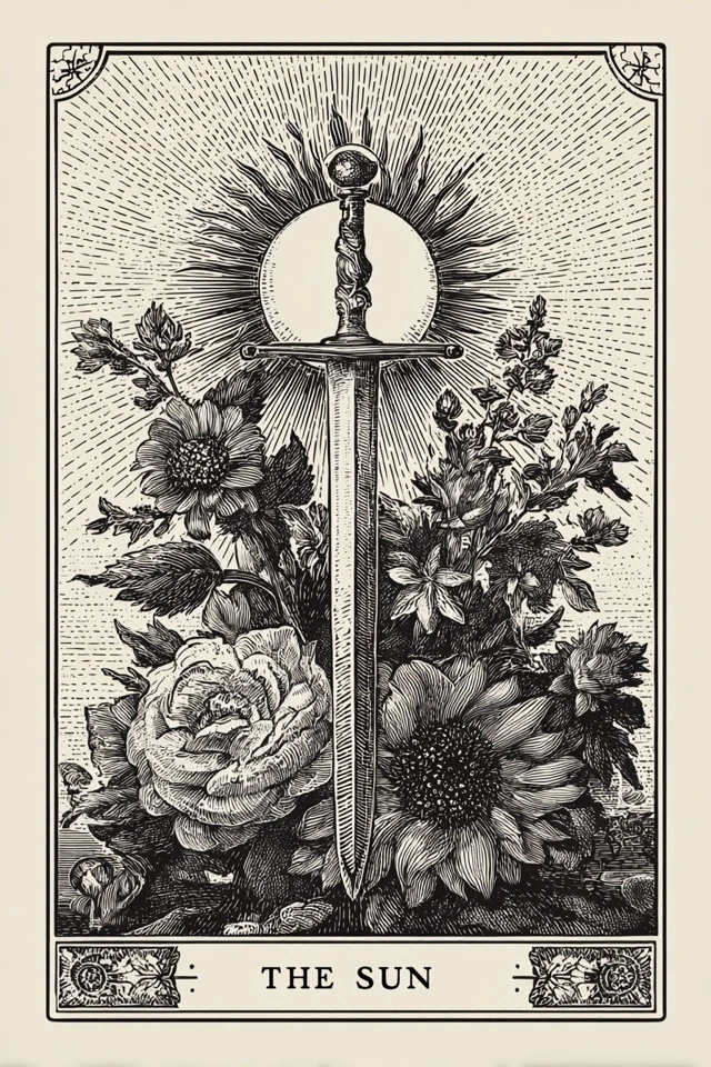The Sun Tarot Card Illustration Sword Flowers