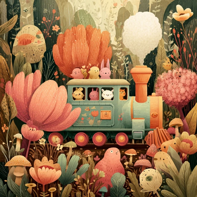Cute Cartoon Train in Whimsical Forest Illustration