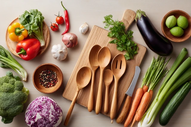 Fresh Vegetables and Cooking Tools Flat Lay