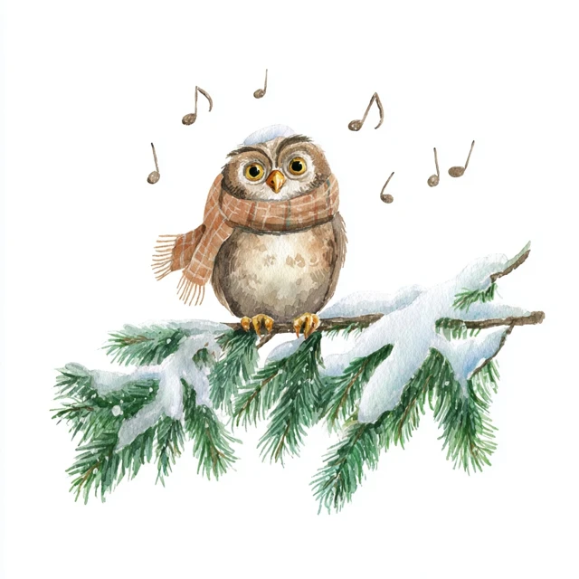 Cute Owl Christmas Carols Watercolor Illustration