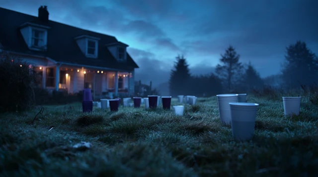 Eerie Party Scene Abandoned House at Dawn
