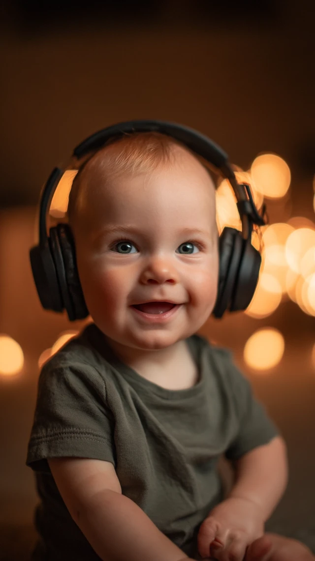Cute Baby Boy with Headphones Photorealistic Portrait