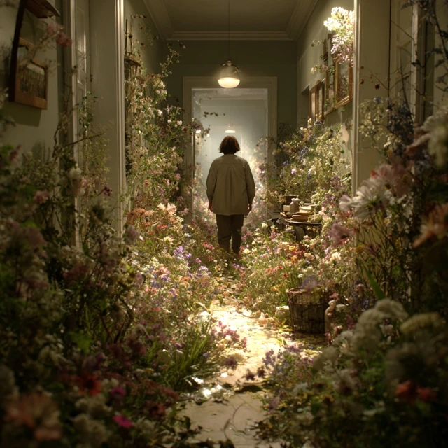 Dreamlike Hallway Old Woman Floral Scene