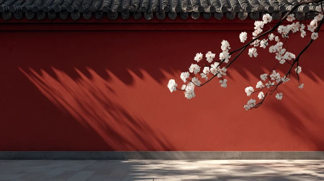 Cherry Blossoms on Red Wall Wallpaper