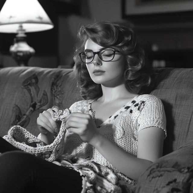 Beautiful Woman Crocheting in Black and White