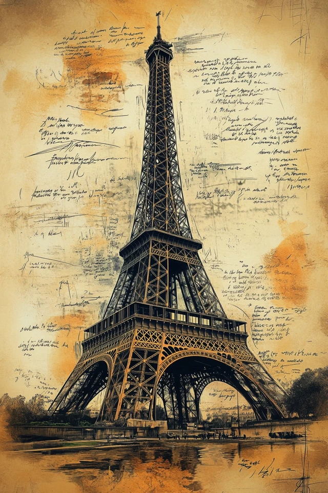 Eiffel Tower Sketch Vintage with Notes