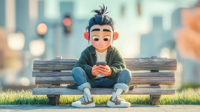 Pixar Style Chinese Man Texting in Park