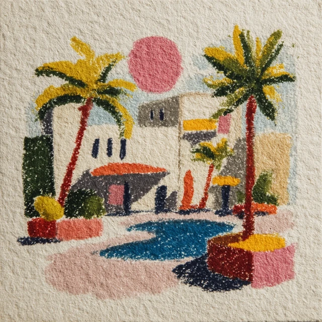 Hotel and Pool Crayon Drawing