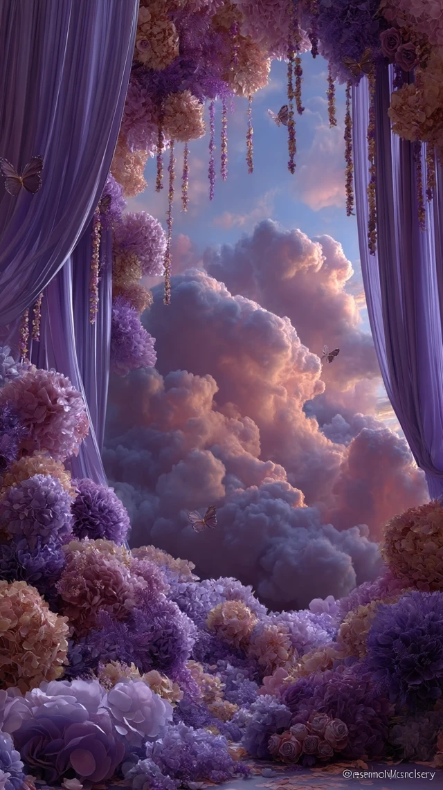 Magical Fantasy Landscape with Flowers and Clouds