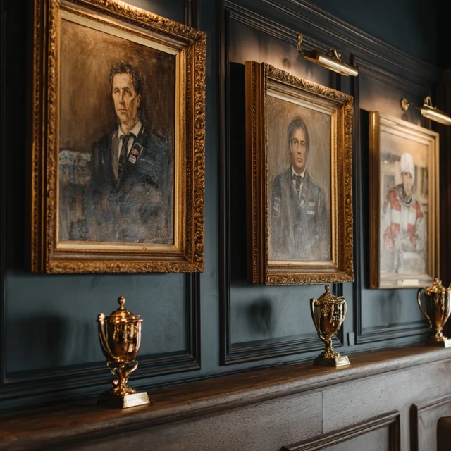 Elegant Portraits on a Wall with Trophies Below