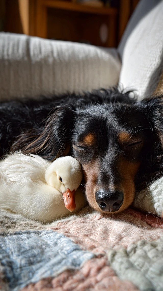 Dachshund and Duck Sleeping Cute Pets Snuggled Up