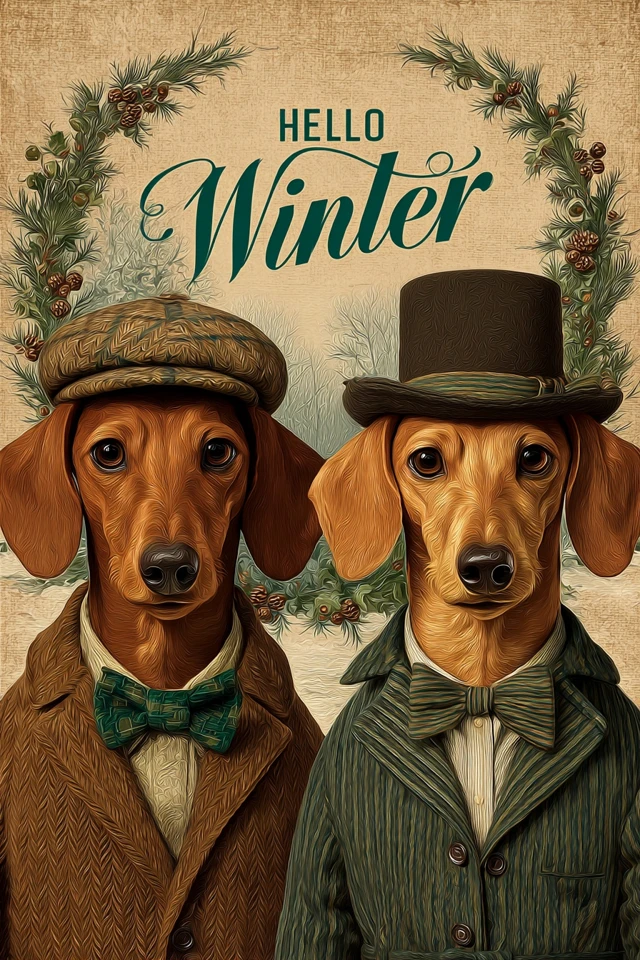 Dachshunds in Tweed Suits Winter Portrait