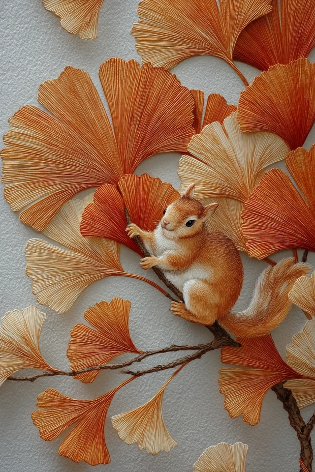 Chinese Painting: Squirrel in Ginkgo Leaves