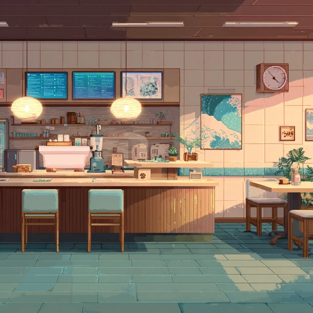 Pixel Art Boba Tea Shop Interior