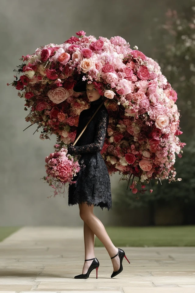 Elegant Woman with Floral Umbrella - High Fashion