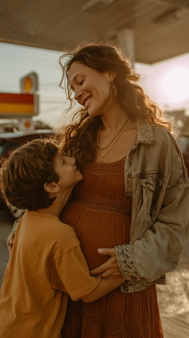 Mother and Son: Tender Moment at Shell Gas Station