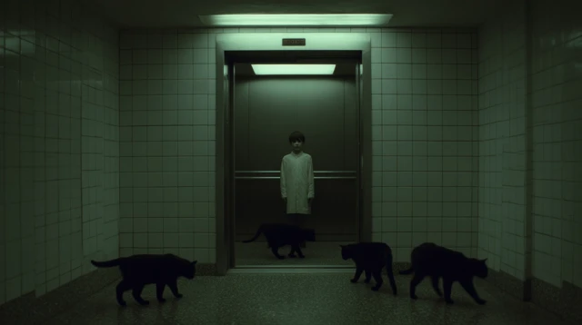 Boy in Elevator with Black Cats: Mysterious Scene