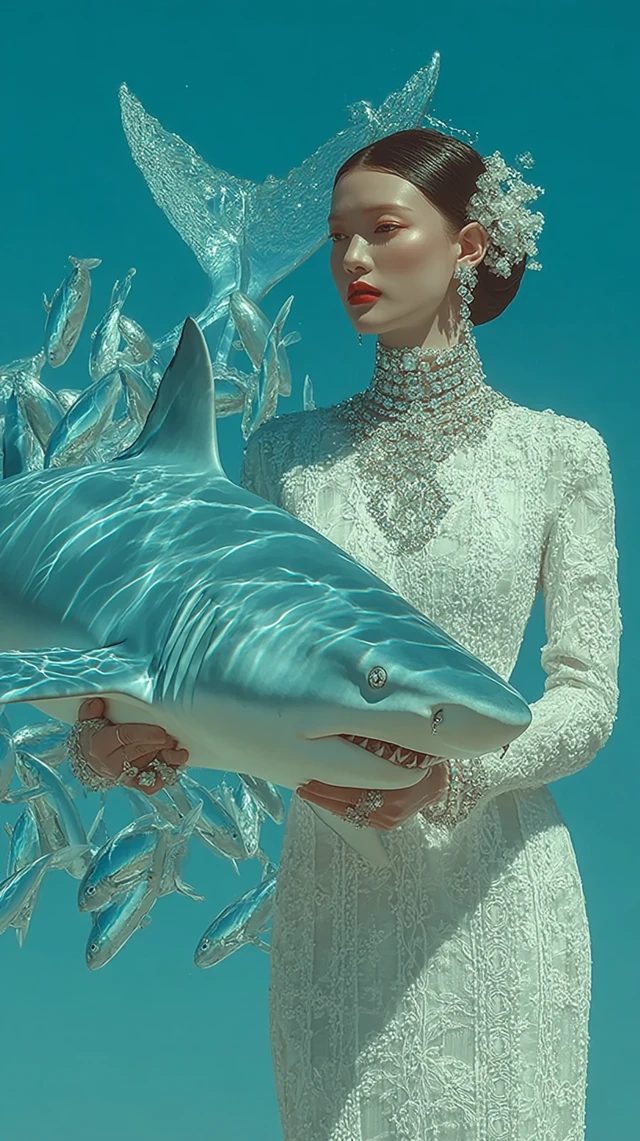 Korean Lady with Shark: Fashion, Luxury, Surreal 3D Art