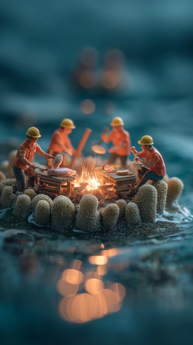 Miniature Construction Workers Grilling Fish Underwater