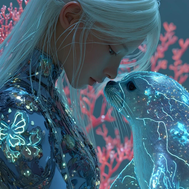 Cyber Mermaid and Seal Anime Art