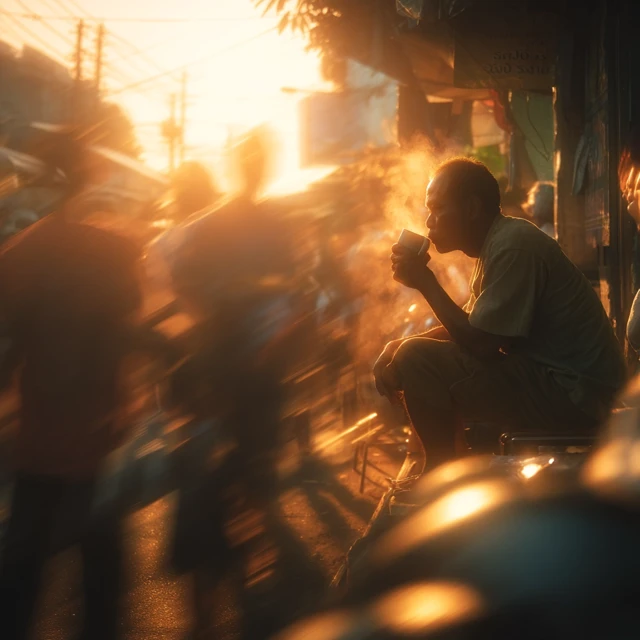 Thai Man Sipping Coffee at Market Hour