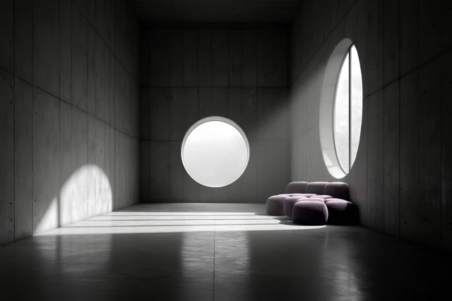 Minimalist Interior Purple Sofa Concrete Room
