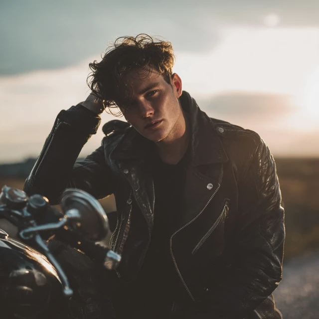 Handsome Brunette in Leather Jacket on Motorcycle