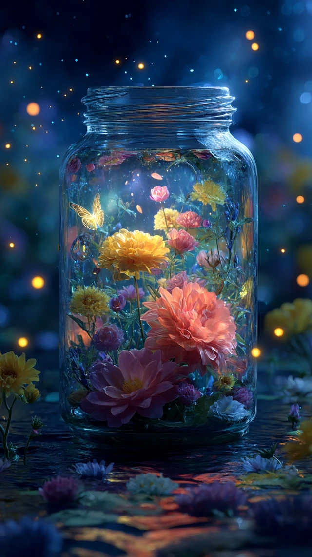 Magical Jar Flowers Fireflies Fantasy Art