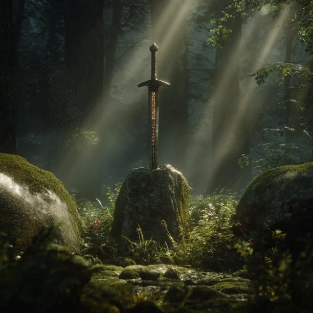 Excalibur Sword in Stone Mystical Forest
