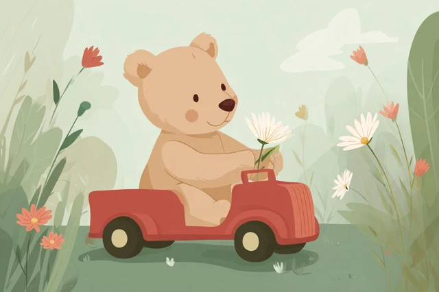 Cute Bear Cub Playing with Toy Truck Illustration