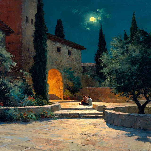 Augustus Under Moonlight Palace Courtyard Oil Painting