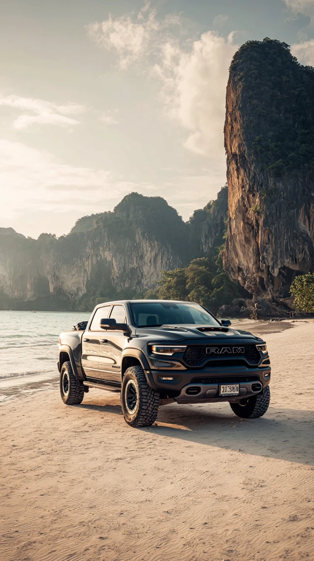 2024 Ram TRX on Beach with Koh Phi Phi Cliffs