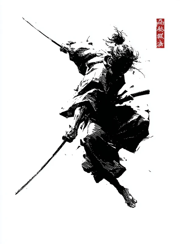 Lone Samurai Swinging Katana Black and White Ink Art
