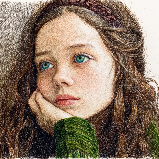 Girl Portrait Colored Pencil Sketch Hand Drawn Art