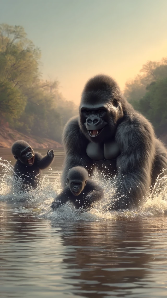 Gorilla Family Joyfully Playing in River