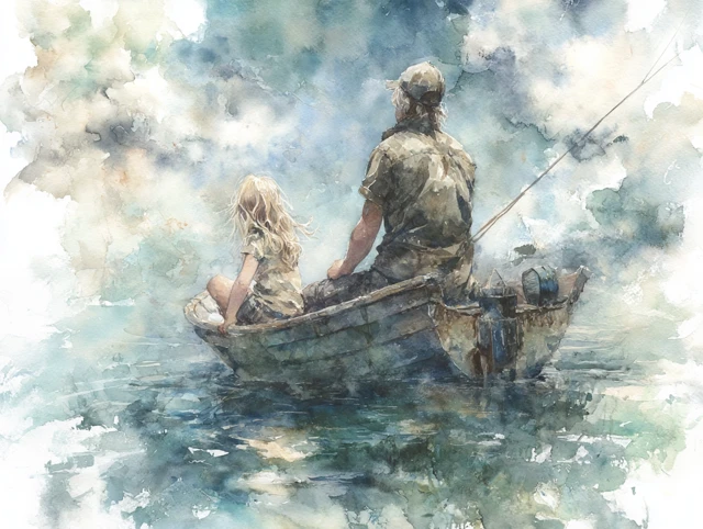 Father and Daughter Fishing in a Watercolour Boat