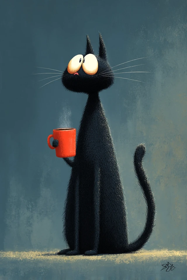 Black Cat Cartoon Drinking Coffee Illustration