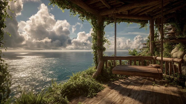 Seaside Treehouse Balcony Overlooking Ocean Tranquility
