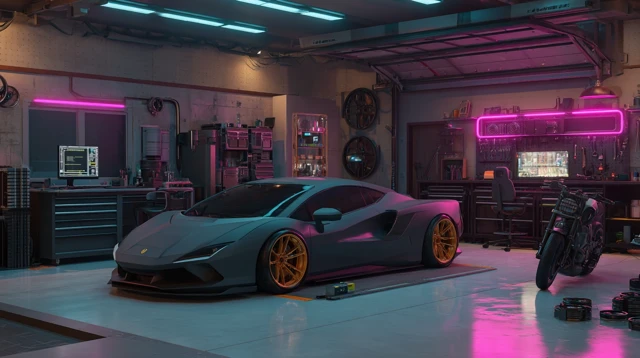 Synthwave Garage Workshop Futuristic Car and Motorcycle