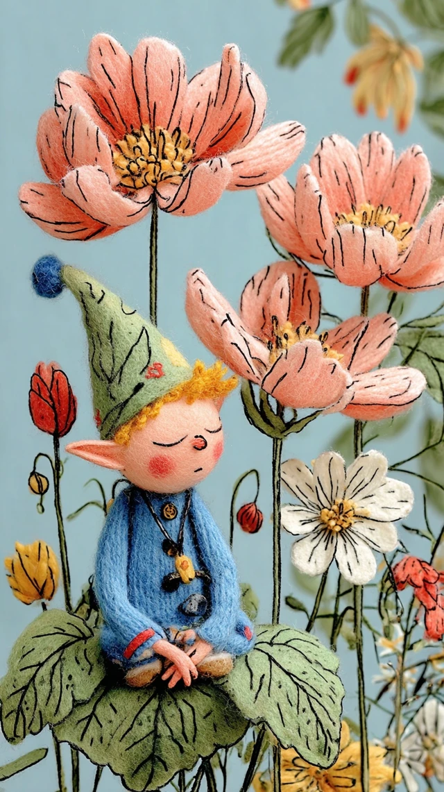 Cute Felted Elf in a Floral Forest