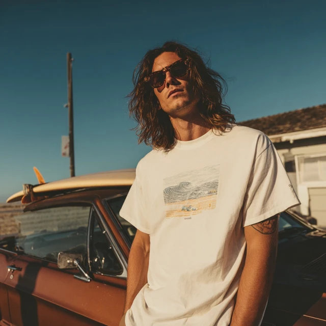 Surfer Boy in White Tee with Vintage Car Lookbook