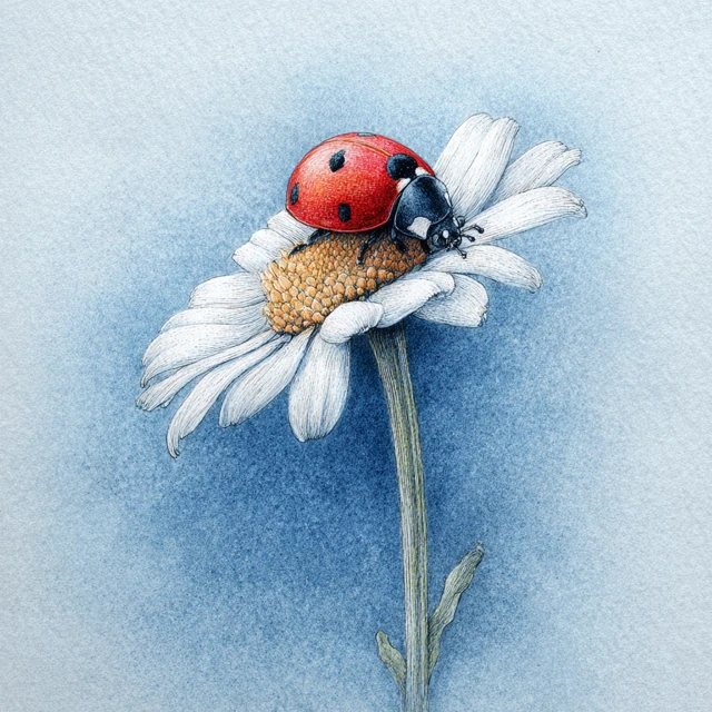 Ladybug on Daisy Detailed Watercolor Pencil Drawing