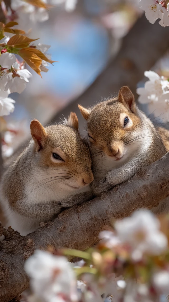 Adorable Squirrels Sleeping in Blossoms