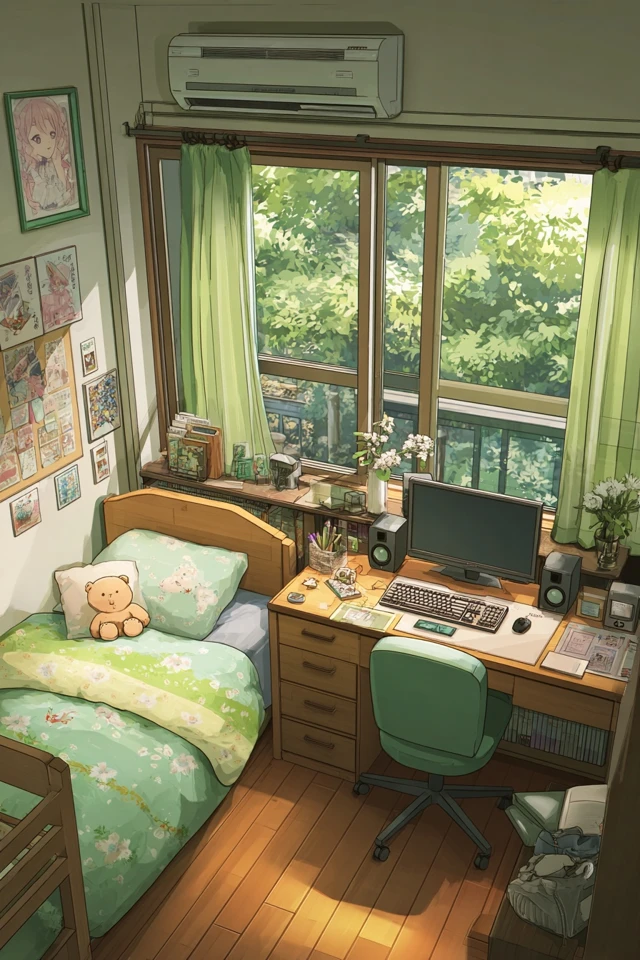 Anime Room Study Space with Green Decor