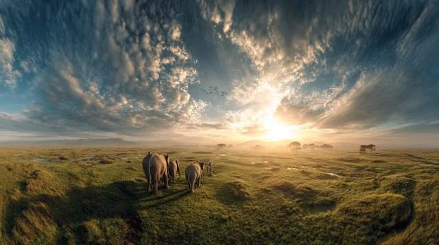 Elephant Family on Grassland with Birds